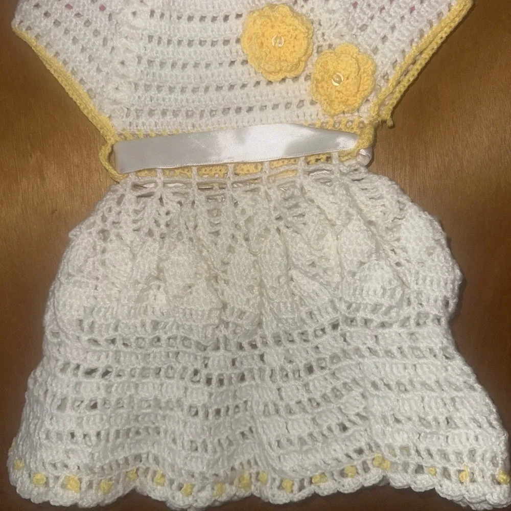 Handmade Crochet Kids Dress - White and Yellow